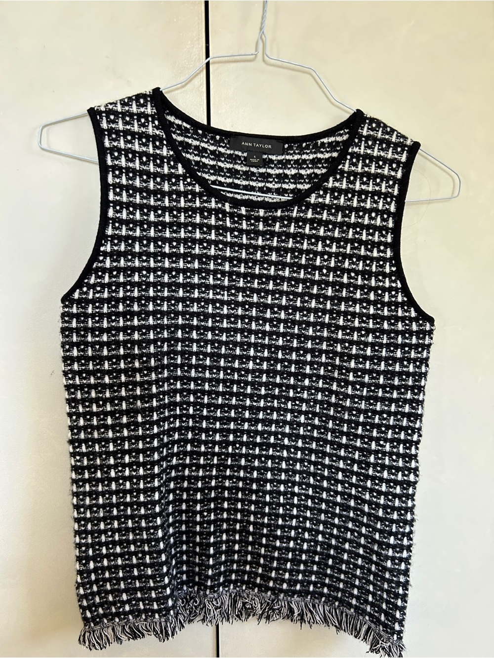 Ann Taylor Black and White Tweed Fringe Tank